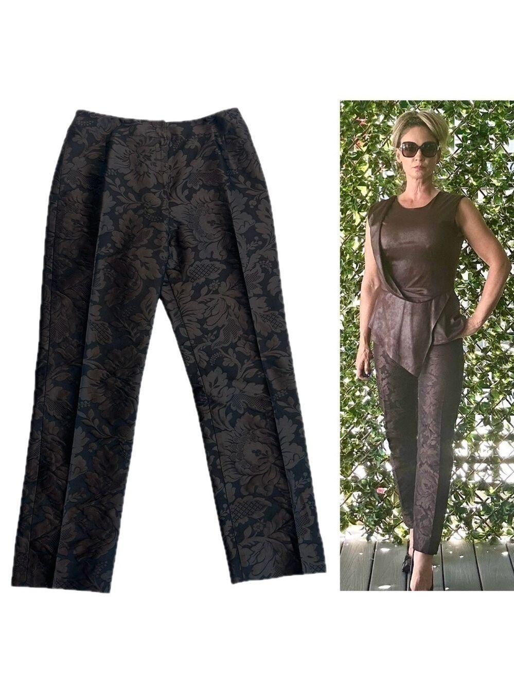 Oscar De La Renta dark brown floral jacquard print front pleated ankle pants 6